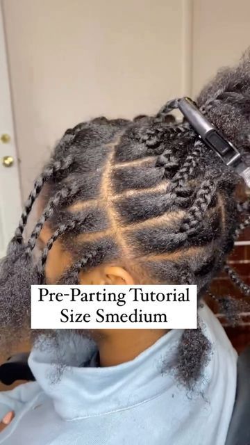 Less Knotless Braids, Smedium Knotless Box Braids Parting Guide, Brick Parting Box Braids Medium, Small Parts Medium Knotless Braids, Single Braids Parting, Small Box Braid Parting Guide, Parting Medium Knotless Braids, Small Knotless Box Braids Parting Pattern, Preparting Braids