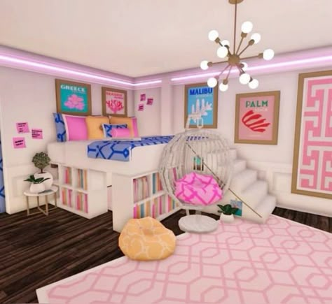 Blocksburg Bedrooms Ideas, Club Roblox Preppy Room, Bedroom Ideas Bloxburg Teen, Bloxburg Apartment Idea, Cool Bloxburg Rooms, Preppy Bloxburg Room Ideas, Bloxburg Room Decor Ideas, Bloxburg Sleepover Room, Bloxburg Kids Playroom Ideas