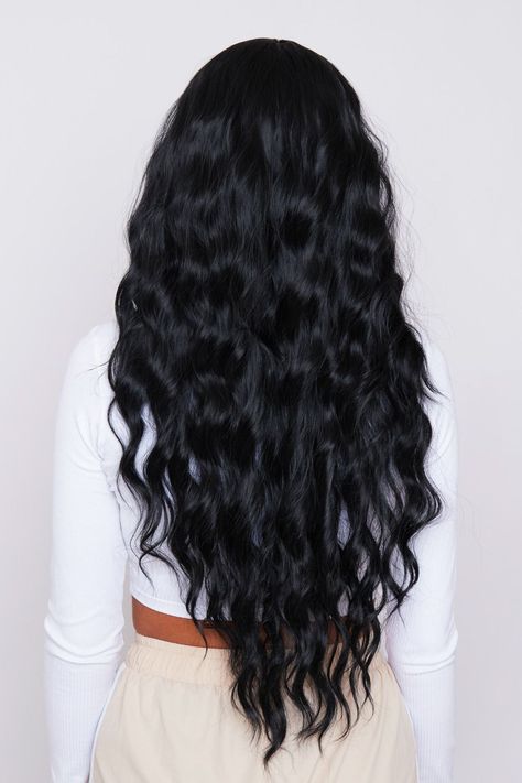 Black Wavy Hair, Beach Wave Hair, Jet Black Hair, Black Curly, Black Curly Hair, Black Wig, Long Black Hair, Lace Wig, Aesthetic Hair