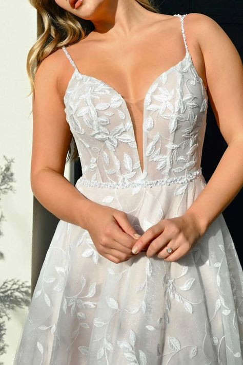 Dreamy Leaf Lace A-Line Wedding Dress with Plunging Neckline and Pockets Leaf Wedding Dress, Plunge Wedding Dress, Dress With Plunging Neckline, Ivory Gown, Essense Of Australia, Illusion Tulle, Romantic Bride, A Line Wedding Dress, White Gowns