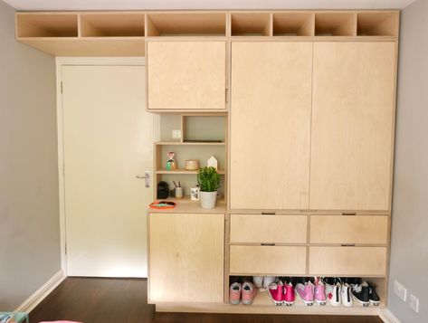 A Plywood Wardrobe for a Modern Flat — The Modern Carpenter Different Color Shoes, Plywood Wardrobe, Modern Flats, Shoes Boxes, Wooden Cupboard Design, Bedroom Built Ins, Plywood Interior, Wooden Cupboard, Bedroom Cupboard Designs