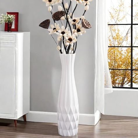 White Ceramic Floor Vase 24" Tall Flower Vase for Pampas Grass Modern Decorative Large Vase with Sleek Glossy Glaze & Simple Origami Design Minimalist Style for Living Room Office Home Decor Tall Floor Vase Arrangements, Big Vase Decorating Ideas, Large Vase With Flowers, White Ceramic Floor, Decor For Fireplace, Tall Vase Arrangements, Vase For Pampas, Large Vases Decor, Unique Origami