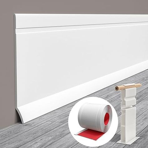 Pluden Flexible Baseboard Molding Trim, 4 Inch(W) x 20 Feet(L) Self Adhesive Vinyl Wall Base Cove Base, Peel and Stick Rubber Wall Moulding Trim Comes with a Scriber… - Amazon.com Renter Friendly Baseboards, Vinyl Baseboard Trim, Pvc Baseboard Trim, Walls Without Baseboards, Cove Moulding, Rubber Molding, Flexible Molding, Wall Moulding, Baseboard Trim