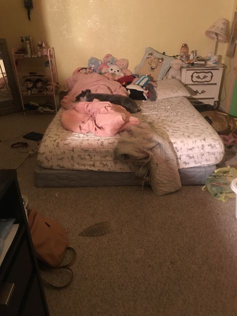 Trashed Bedroom, Ugly Rooms Bedrooms, Disgusting Bedroom, Bed Rotting Core, Messy House Aesthetic, Liminal Bedroom, Mattress On Floor Ideas Bedrooms, Poor Bedroom, Poor Room