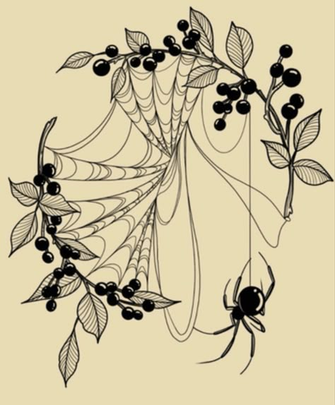 Spider dangling from Holly branch Mushroom Spider Web Tattoo, Spider Web Branch Tattoo, Charlottes Web Spider Tattoo, Spiderwebs And Flowers Tattoo, Vine And Spider Web Tattoo, Gothic Gap Filler Tattoos, Spider Tattoo Feminine, Itsy Bitsy Spider Tattoo, Poison Plants Tattoo