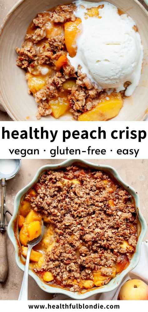 This is the best quick and easy healthy peach crisp recipe - the sweet, juicy peach filling is topped with a melt-in-your-mouth buttery oat crumble. It's gluten-free, vegan, naturally sweetened with maple syrup, and the perfect Summer dessert. You can use fresh or frozen peaches. Healthy Peach Dessert, Healthy Peach Cobbler, Gluten Free Peach Crisp, Healthy Peach Crisp, Healthy Peach Recipes, Peach Healthy, Blondie Recipes, Peach Filling, Peach Crisp Recipe