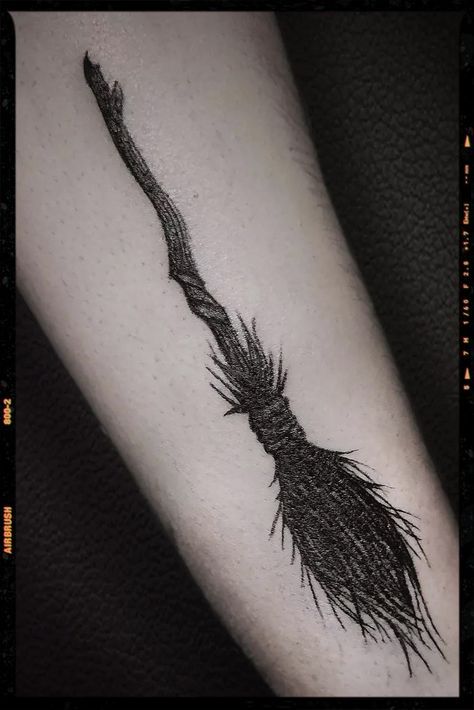 Magic Broom Tattoo Inspiration Witch Riding Broom Tattoo, Witch Hat And Broom Tattoo, Broom Stick Tattoo, Witches Broom Tattoo, Witch Broom Tattoo, Broomstick Tattoo, Broom Tattoo, Wicca Tattoo, Witchy Tattoos