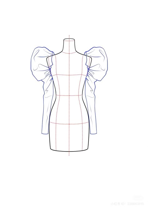 Puffed Sleeves Drawing, Puff Sleeve Drawing Reference, Garment Illustration Fashion Sketches, Puff Sleeve Technical Drawing, Draw Sleeves, Oxana Goralczyk, Sleeves Sketch, Dress Technical Drawing, Dress Flat Sketch