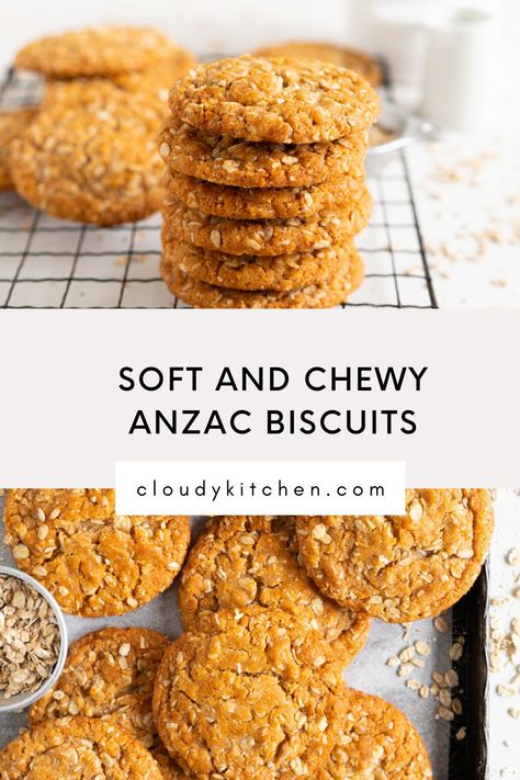 Anzac Biscuits Healthy, Chewy Anzac Biscuit Recipe, Australian Biscuit Recipes, Chewy Anzac Biscuits, New Zealand Cookies, Anzac Cookies Recipes, Anzac Biscuits Recipe, Anzac Biscuits Chewy, Anzac Cake