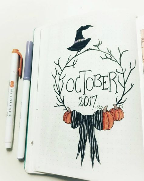 Halloween theme bullet journal layouts including October monthly cover page by @murs_bullets_journal42 Bullet Journal Halloween, Journal D'inspiration, Bullet Journal October, Diy Kalender, Bullet Journal Month, Bullet Journal 2019, Journal Layouts, Bullet Journal Cover Page, Bullet Journal Mood