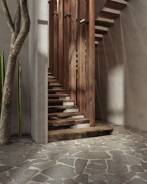 Wabi Sabi House, Wabi Sabi Interior, Concrete Effect Paint, Casa Cook, Desain Pantry, Rustic Restaurant, Concept Ideas, Interior Stairs, Architecture Visualization