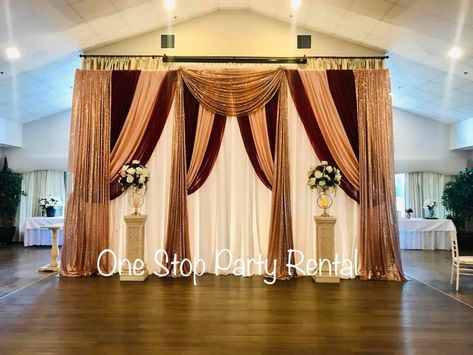 Burgundy and rose gold blush backdrop Burgundy And Gold Backdrop, Gold Wedding Ceremony Decor, Wedding Drapery Backdrop, Draped Backdrop, Mehndi Stage Decor, Blush Backdrop, Backdrop Draping, Gold Wedding Ceremony, Wedding February