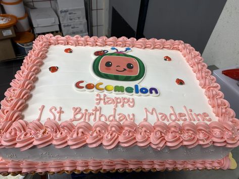 Coco Melon Sheet Cake, First Birthday Cake Cocomelon, Cocomelon Cake For 1st Birthday, Cocomelon Sheet Cake, Cocomelon Cake Square, Cocomelon 2 Tier Cake Design, Sheet Cakes Decorated, Melon Cake, 1 Year Birthday