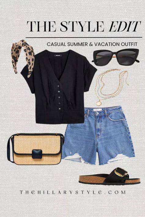 The Style Edit: Casual Summer and Vacation Outfit. Denim shorts, mom shorts, cutoff shorts, camp shirt, black camp shirt, casual black top, sandals, summer sandal, straw handbag, straw crossbody, summer crossbody bag, knotted headband, silk headband, black sunglasses, sunnies, layered gold necklace. Madewell, Abercrombie, Birkenstock, Anthropologie, J Crew, Target. Summer outfit, summer shorts outfit, camp shirt outfit, denim shorts outfit, casual outfit, casual summer outfit, vacation outfit Black Birkenstock Outfit Summer, Birkenstock Outfit Summer Casual, Camp Shirt Outfit, Denim Shorts Outfit Casual, Outfit Camp, Black Sandals Outfit, Sandals Outfit Summer, Comfortable Travel Outfit, Autumn Fashion Women Fall Outfits