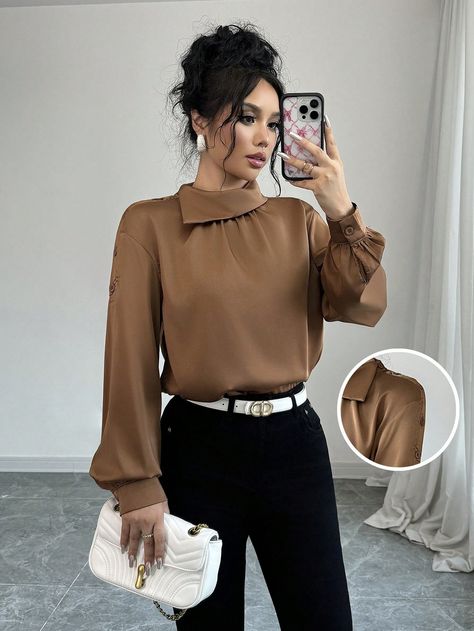 Women Satin Loose Elegant Casual Blouse In Khaki Color, Fall Top Coffee Brown Casual  Wrist-Length Sleeve Fabric Plain Top Non-Stretch  Women Clothing, size features are:Bust: ,Length: ,Sleeve Length: Brown Beige Outfit, Earth Tone Outfits, Color Caqui, Simple Scarf, Beige Outfit, Elegant Casual, Plain Tops, Patterned Scarves, Coffee Brown