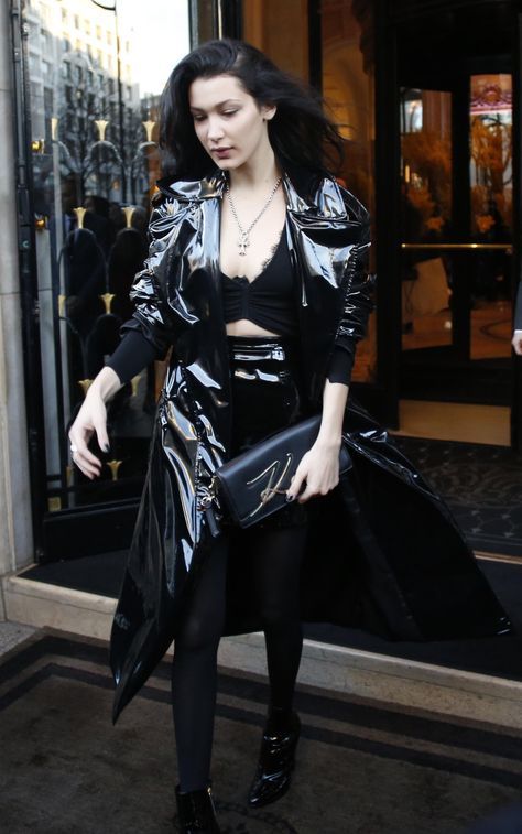 Bella Hadid is seen in Paris Mantel Cape, Rain Fashion, Girls Raincoat, Vinyl Fashion, Rainwear Fashion, Vinyl Clothing, Yellow Raincoat, Bella Hadid Style, Hadid Style