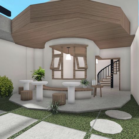 Bloxburg Zen House, Bike Rack Bloxburg, Front Yard Bloxburg Ideas, Bloxburg Aesthetic Houses, Bloxburg Building Ideas, Aesthetics House, Dream House Ideas Kitchens, Bloxburg House Builds, Bloxburg Beach House