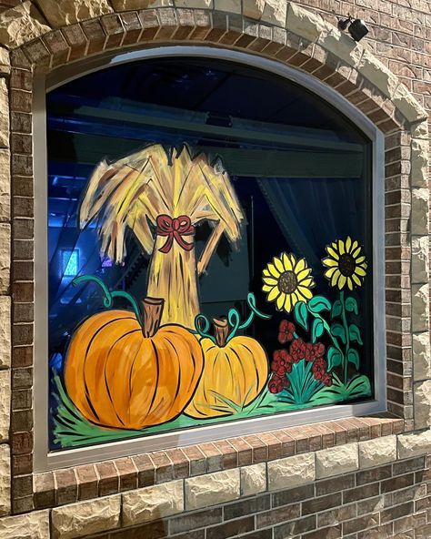 Pumpkin, sunflower, corn stalks Fall Window Scene, Turkey Window Painting, Sunflower Window Display, Fall Window Painting Store Fronts, Pumpkin Window Painting, Thanksgiving Window Art, Store Window Painting, Autumn Window Art, Autumn Window Painting