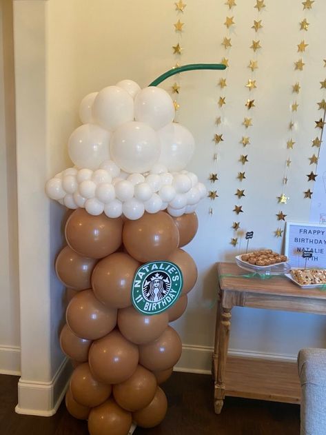 Coffee Birthday Party Decorations, Starbucks Theme Birthday Party, Frappe Birthday Party Ideas, Coffee Bar Birthday Party Ideas, Starbucks Balloon Garland, Starbucks Birthday Party Ideas Diy, Starbucks Birthday Theme, Coffee Birthday Theme, Target And Starbucks Birthday Party