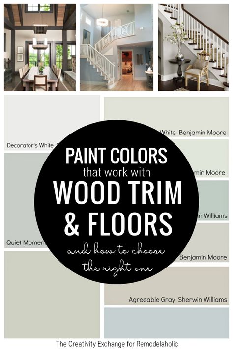 Paint Colors That Go With Wood Floors And Wood Trim From Remodelaholic Foyer Paint Colors, Stained Wood Trim, Natural Wood Trim, Family Room Paint Colors, Dark Wood Trim, Best Wall Colors, Picking Paint Colors, Cherry Wood Floors, Stained Trim