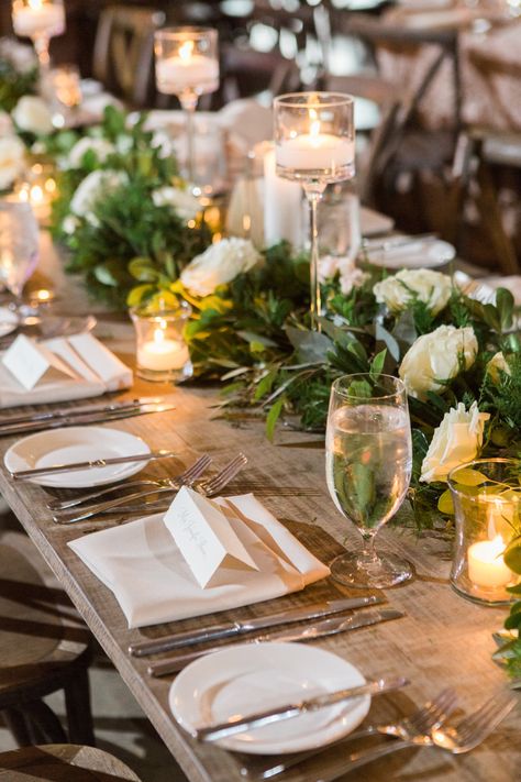 Wedding Ideas: No Tablecloths on Reception Tables - Inside Weddings Tablecloths Wedding, Backdrop Greenery, Gold Votive Candle Holders, Gold Votive Candles, Long Table Wedding, Beautiful Wedding Reception, Inside Weddings, Romantic Candlelight, Wedding Shower Decorations