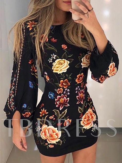 Print Round Neck Pullover Women's Bodycon Dress Dresses Bodycon, Floral Bodycon, Bodycon Dress With Sleeves, Bodycon Floral Dress, High Waist Dress, Body Con Dress, Mini Robes, Printed Bodycon Dress, Dresses Floral