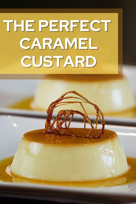 A caramel custard served with abstract caramel decoration Flan Dessert Presentation, Custard Flan, Flan Dessert, Valentine 2023, Caramel Custard, Baked Custard, Caramel Pudding, Dessert Presentation, Jello Desserts