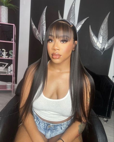 Wigs With Bangs Hairstyles, Install With Bangs, Straight Bang Wigs, Wig With Chinese Bangs For Black Women, Bangs With A Side Part Wig, Bangs Wig Install, Side Part Fringe Long Hair, Jt Bangs Side Part, Chinese Bangs Black Women Bob