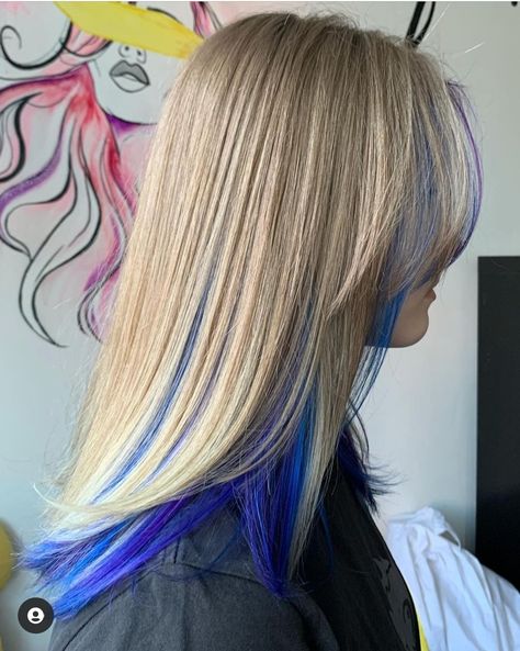 Blonde On Top Blue Underneath, Blue Tips Blonde Hair, Blue Underdye Hair Blonde, Peekaboo Color On Blonde Hair, Blue Peak A Boo Hair Blonde, Blonde Hair Blue Peekaboo, Blond Hair With Blue Underneath, Blue Under Blonde Hair, Blonde Hair Blue Money Piece