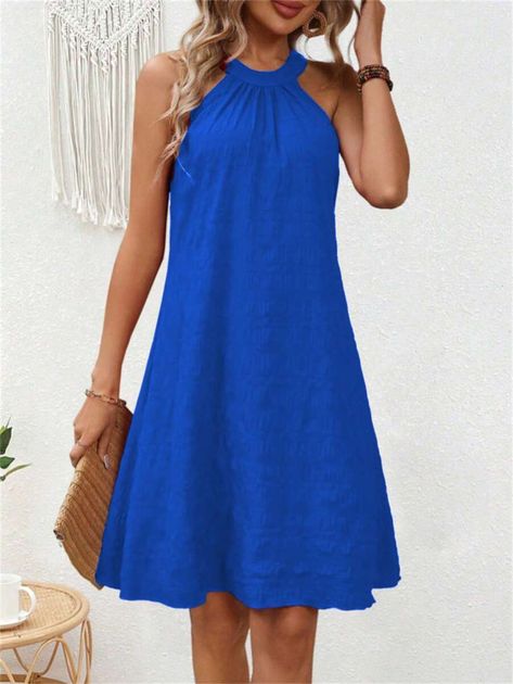 SHEIN LUNE Ladies' Solid Color Halterneck Dress | SHEIN USA Azul Real, Royal Blue Dresses, Azul Royal, Women Midi, Halterneck Dress, Sleeveless Maxi Dress, Womens Midi Dresses, Midi Dresses, Outfits Casuales