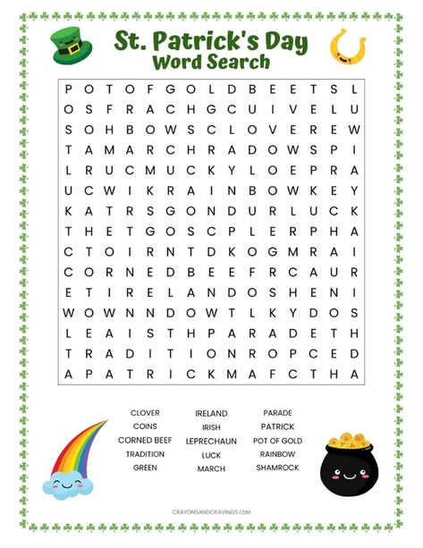 St Patrick's Day Word Search, St Patricks Activities, Word Search Free Printable, Sant Patrick, Free Word Search, St Patricks Day Crafts For Kids, St Patrick Day Activities, March Activities, Word Search Printables