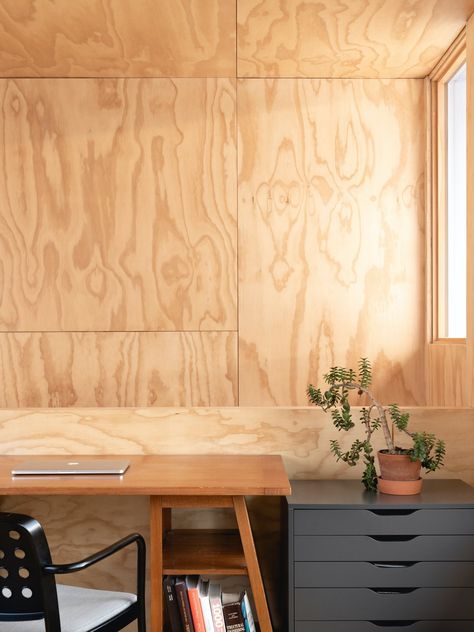 Photo 7 of 16 in A Plywood Box Turns a 20th-Century Duplex Into a Multigenerational Home - Dwell Plywood Wall Paneling, Osb Plywood, Plywood Ceiling, Types Of Plywood, Plywood Desk, Plywood Interior, Plywood Floor, Plywood Walls, Contemporary Living Room Design