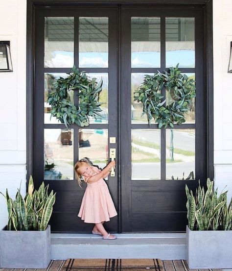 Jazz up your entryway with french doors and lots of fresh greenery. Snake plants can live through anything. Double Front Doors With Glass Panels Farmhouse, Trim Windows, House Finishes, Louvre Doors, Front Door Inspiration, Front Door Styles, Beautiful Front Doors, Farmhouse Front Door, Black Front Doors