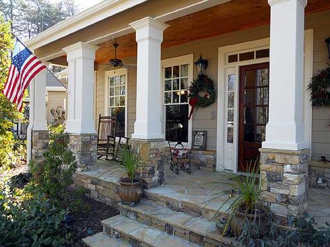 Porch Country Front Porches, Front Porch Stone, Porch Pillars, Front Porch Columns, Stone Porches, Front Porch Steps, Porch Remodel, Building A Porch, Stone Steps