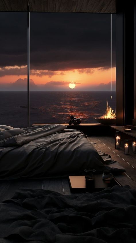 Oceanside House Aesthetic, Dark Studio Apartment, Mansion Interior Bedroom, Black Bedroom Design, Luxury Room Bedroom, Dark House, 다크 판타지, New York Apartment, Dark Interiors