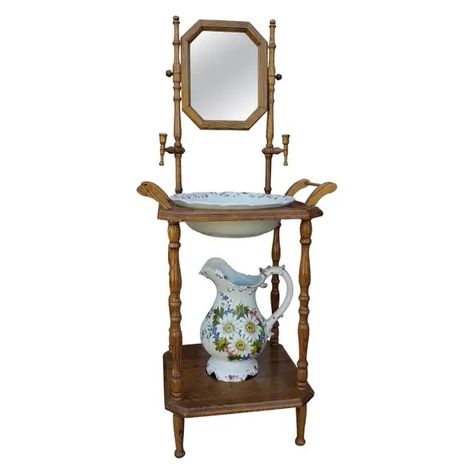 antique wash stand with mirror Millionaire Ideas, Antique Wash Stand, Pitcher Decor, Wash Stand, Vanity Basin, Vintage Pitchers, Moving House, Fall Ideas, Making Room