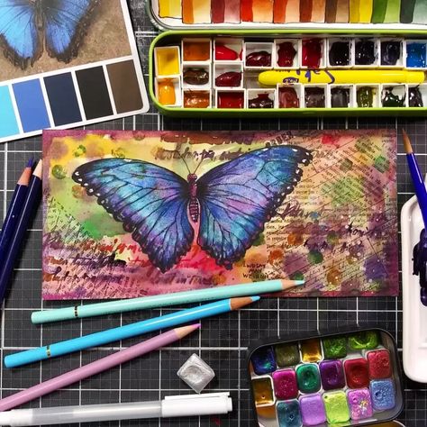 Adding a collage-stamped background to a watercolor painting (real-time tutorial) – The Frugal Crafter Blog The Frugal Crafter, Time Painting, White Gel Pen, A Background, The Butterfly, Pen Sets, Gel Pens, Watercolor Paper, So Pretty