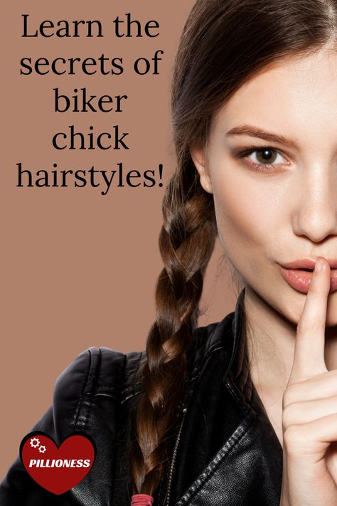 Biker chick style hairstyles made easy How To Style Hair For Motorcycle Helmet, Hairstyle For Riding Motorcycle, Hairstyles For Riding A Motorcycle, Harley Davidson Hair Styles For Women, Motorcyle Hair Ideas, Biker Women Hair Styles, Female Biker Hairstyles, Motorcycle Riding Hairstyles For Women, How To Wear Your Hair On A Motorcycle