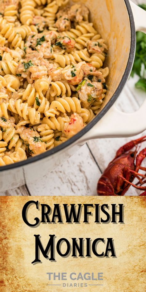 This Crawfish Monica Recipe is always a favorite at the New Orleans Jazz Fest. It's so popular you'll see everyone eating it on the streets! Crawfish Monica is a simple dish of noodles with a crawfish cream sauce, but as with any Cajun and Creole recipe, it's far from being bland. Dinner Ideas With Crawfish Tails, Easy Crawfish Fettucine Recipe, Crayfish Pasta Recipe, Monica Sauce Recipe, Crawfish Spaghetti Recipes, Crawfish Etoufee Pasta, Crawfish Dishes Louisiana, Crawfish Bread Recipe New Orleans, Crawfish Etoufee Cream Of Mushroom