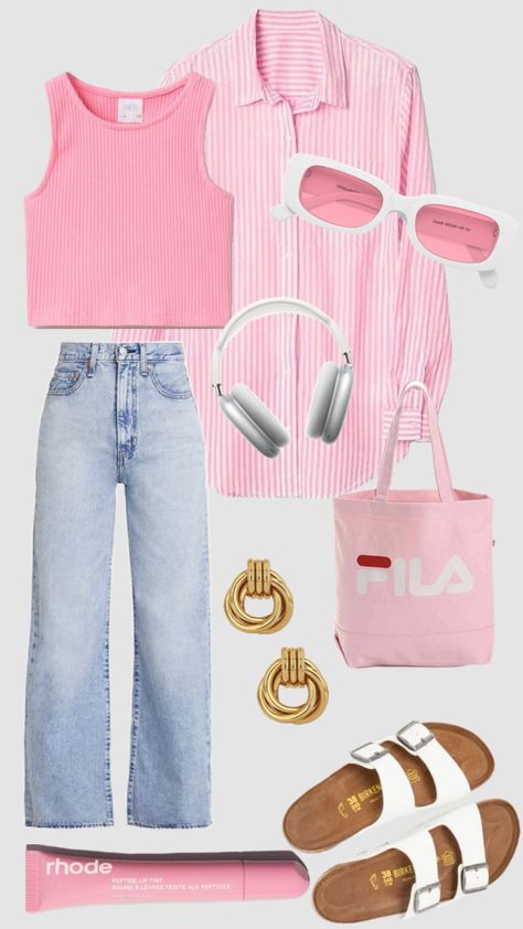 #pink #pinkaesthetic #rhode #inspiration #ootd #pinterest Pink Cotton Shirt Outfit, Subtle Pink Outfits, Pink Jean Skirt Outfit, Colorful Minimalist Outfit, Cute Spring Birthday Outfits, Pink 90s Outfit, Pink Tee Outfit, Pink Outfits For School, Pink Top And Jeans Outfit