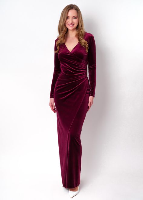 Plum burgundy long wrap bodycon velvet dress, velvet dress, bodycon dress, bridesmaid dress, wedding guest dress, women dress, maxi dress, evening dress, cocktail party dress, formal velvet dress Burgundy Dress Outfit Wedding, Velvet Dress Wedding Guest, Bodycon Dress Outfit Party, Formal Velvet Dress, Burgundy Dress Outfit, Velvet Pencil Dress, New Year Dress, Dress Outfits Party, Body Con Dress Outfit