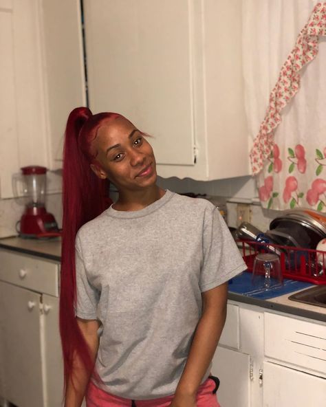 Red Slick Ponytail, Burgundy Ponytail Black Women, Red Hair Wigs, Red Hair Ponytail, Red Ponytail, Red Weave Hairstyles, Slay Hairstyles, Long Ponytail Hairstyles, Pretty Red Hair