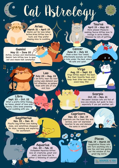 Find your cat's sign and learn more about their personality! You might find clues as to why you little beastie loves to show you affection... or bites you.  Source: https://www.tarot.com/astrology/astrology-cats-zodiac Cats And Spirituality, Cat Zodiac Signs, Cat Astrology, Cat Zodiac, Cat Couple, Cat Info, Image Chat, Cat Care Tips, Astrology Chart