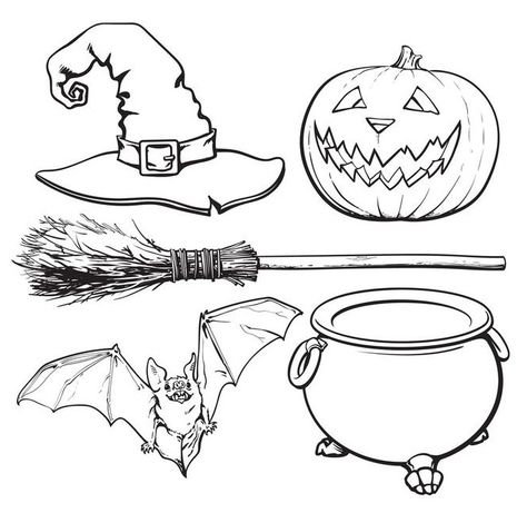 Witches Couldren Drawings, Witch Shoes Drawing, Caldron Drawings, Witch Hat Drawing, Witch Sketch, Witch Accessories, Halloween Symbols, Witch Tattoo, Carte Halloween