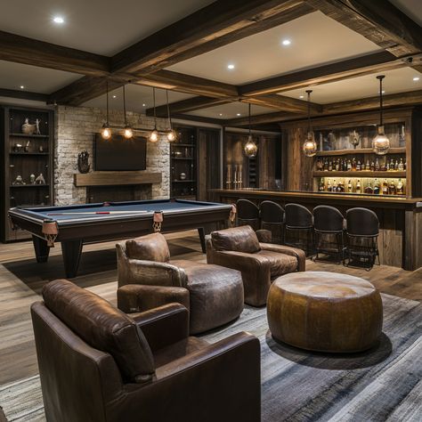 A cozy, rustic game room featuring a classic billiards table, oversized leather chairs, and a fully stocked bar. The space is accented with exposed wood beams and a stone fireplace, creating a warm and inviting atmosphere perfect for entertaining. Home Bar And Pool Table Room, Barndominium Game Room Ideas, Game Room House Ideas, Rustic Pool Table Room, Home Bar Pool Table, Basement With Bar And Pool Table, Movie Room With Bar, Bar In Home Interior Design, Western Pool Table Room