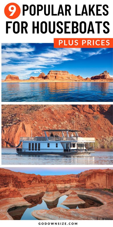 Houseboats are a really fun lifestyle for minimalists or vacation idea. Simple living on the water with a spectacular view. Here are 9 popular lakes for houseboats plus the rules, regulations, and rental costs! Weigh in on the pros and cons of owning a houseboat vs. renting one. Find answers to important details about living in a houseboat. Do you need a special license to operate a houseboat? Plus top things to know about mooring your houseboat and more! Lake Powell Houseboat, Houseboat Vacation, Lake Shasta, Luxury Houseboats, Houseboat Rentals, Houseboat Living, Marina Resort, Lakes In California, Fun Lifestyle