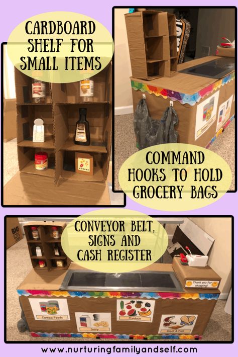 How to Build a Grocery Store Checkout Counter for Less than $20 - Nurturing Family & Self Diy Dramatic Play Grocery Store, Preschool Grocery Store Dramatic Play, Play Grocery Store Diy, Diy Play Grocery Store, Dramatic Play Grocery Store, Store Checkout Counter, Dramatic Play Diy, Dramatic Play Centers Preschool, Store Dramatic Play