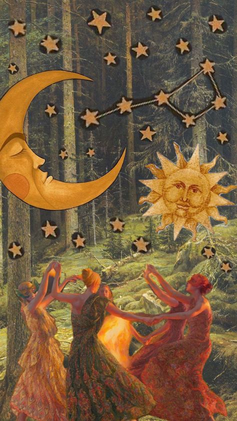 forest background with vintage stickers of stars and the sun and moon with women dancing below. witch aesthetic and whimsigoth aesthetic. Liv Aesthetic, Witchy Wallpapers, Witch Wallpaper, Witchy Wallpaper, Arte Sketchbook, Art Collage Wall, Ethereal Art, Fall Aesthetic, Fall Wallpaper