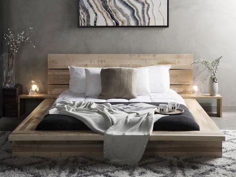 Bed Frame with side tables. Textured Headboard, Build A Headboard, Bed Cot, Basement Guest Rooms, Platform Bed Designs, Floating Bed Frame, Small Apartment Interior, Guest Room Design, Bedroom Design Inspiration