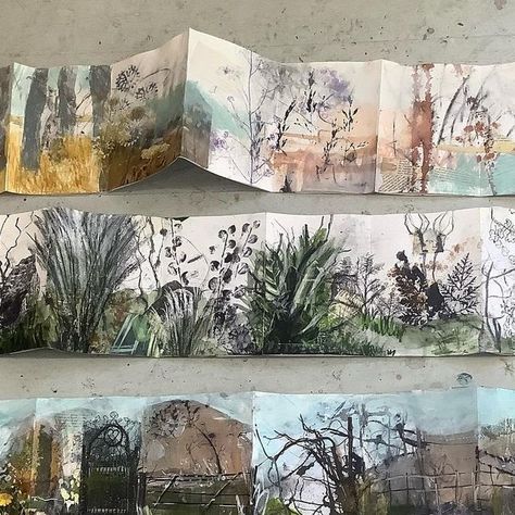 Concertina Sketchbooks on Instagram: "Two days and over 200 pages of beautiful concertina sketchbook pages @lundstudios . Imagine if we had a week! 😍 We are working on a garden/allotment/jungle theme - growing and building layers of collage, pens, ink, paint into glorious expressive pages. . . . . #lundstudios #karen_stamper_collage #concerinasketchbooks #gardensketchbook #freeupyoursketchbookandgrow #artjournaling #myartstyle #onlinecourses #creativejournal #collage_creatives #confidencecoach Concertina Book, Handmade Sketchbook, Imagine If, Artist Sketchbook, Collage Art Mixed Media, Sketchbook Pages, Jungle Theme, Abstract Art Landscape, Sketchbook Inspiration